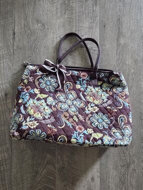 N.Gil Quilted Brown and Green Floral Tote Bag.